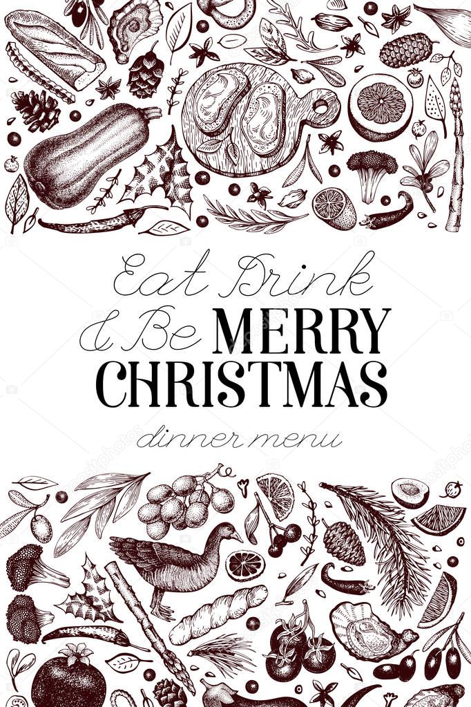 Happy Christmas Dinner design template. Vector hand drawn illustrations. Greeting Christmas card in retro style. Frame with harvest, vegetables, pastry, bakery, meat