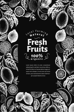 Vintage narenciye banner şablon. Limon ağacı tasarım. El vektör meyve illüstrasyon tebeşir tahtaya çekilmiş. Oyulmuş stil menü kapak.