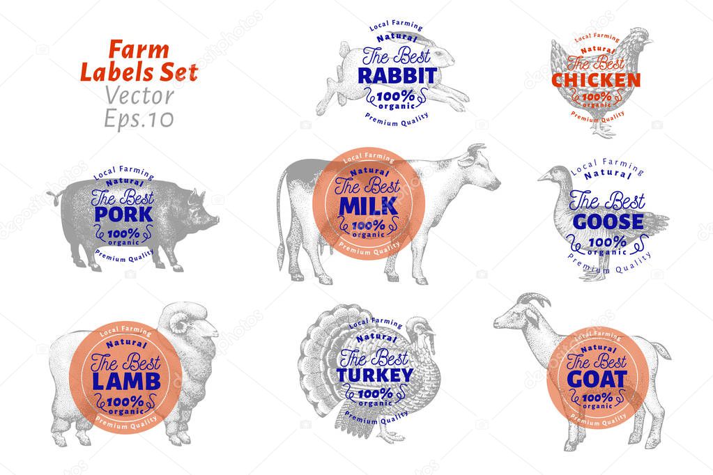 Labels with farm animals. Hand drawn animals set templates. Vector retro illustrations. Can be use for packaging, menu for shops, restaurants and markets of organic food.