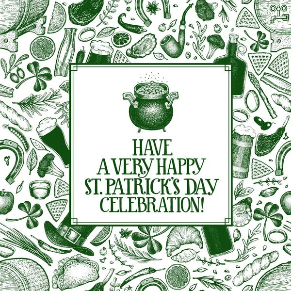 Plantilla de diseño de día St. Patricks. Vector ilustraciones dibujadas a mano. Fondo vintage irlandés. Puede ser utilizado para la cubierta del menú o embalaje . — Vector de stock