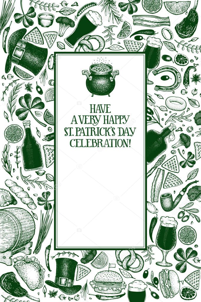St. Patricks day design template. Vector hand drawn illustrations. Irish vintage background. Can be use for menu cover or packaging.