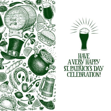 St Patricks Günü tasarım şablonu. Vektör çizilmiş resimler ver. İrlandalı retro arka plan. Menü kapak veya ambalaj kullanmak olabilir.