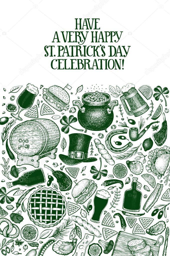 St. Patricks day design template. Vector hand drawn illustrations. Irish retro background. Can be use for menu cover or packaging.