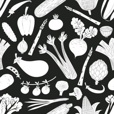 Elle çizilmiş sebze seamless modeli karikatür. Siyah-beyaz grafik. Sebze arka plan. Linocut tarzı. Sağlıklı gıda. Vektör çizim