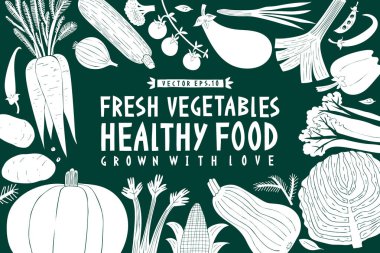 Çizgi film el çekilmiş sebze tasarım şablonu. Yeşil ve beyaz grafik. Sebze arka plan. Linocut tarzı. Sağlıklı gıda. Vektör çizim