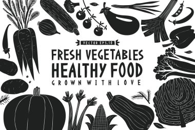Çizgi film el çekilmiş sebze tasarım şablonu. Siyah-beyaz grafik. Sebze arka plan. Linocut tarzı. Sağlıklı gıda. Vektör çizim
