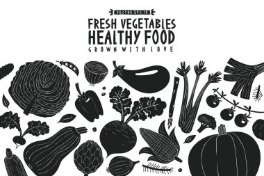 Çizgi film el çekilmiş sebze tasarım şablonu. Siyah-beyaz grafik. Sebze arka plan. Linocut tarzı. Sağlıklı gıda. Vektör çizim