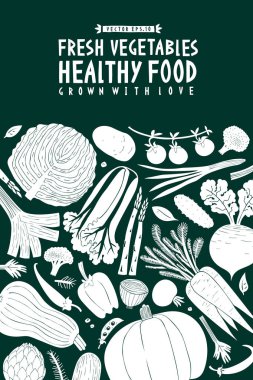 Çizgi film el çekilmiş sebze tasarım şablonu. Yeşil ve beyaz grafik. Sebze arka plan. Linocut tarzı. Sağlıklı gıda. Vektör çizim