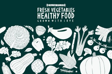 Çizgi film el çekilmiş sebze tasarım şablonu. Yeşil ve beyaz grafik. Sebze arka plan. Linocut tarzı. Sağlıklı gıda. Vektör çizim
