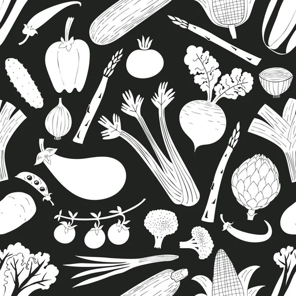Desenhos Animados Mão Desenhada Legumes Sem Costura Padrão Gráfico Preto — Vetor de Stock