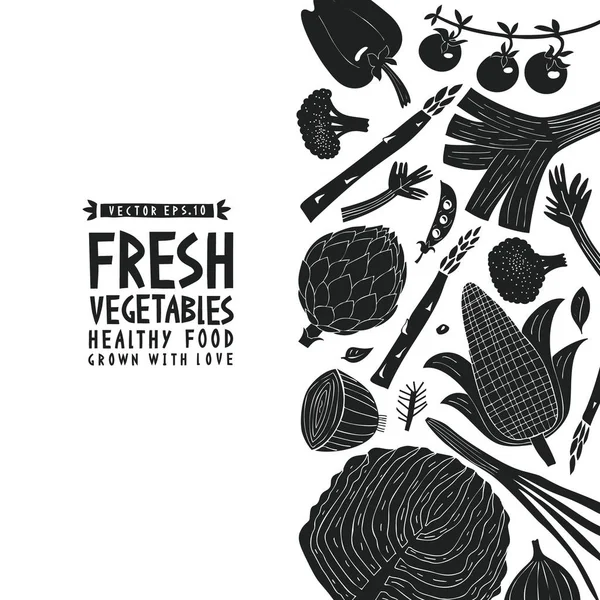 漫画手描き下ろし野菜デザイン テンプレートです 黒と白のグラフィック 野菜の背景 リノリウムのスタイル 健康食品 ベクトル図 — ストックベクタ