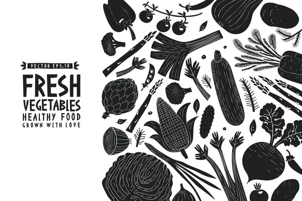 Plantilla Diseño Verduras Dibujadas Mano Gráfico Blanco Negro Fondo Verduras — Vector de stock