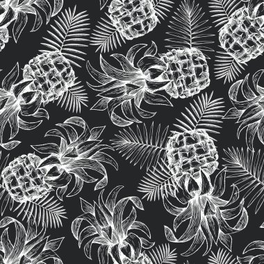 Ananas seamless modeli. Çizilmiş vektör tropikal meyve hasta el