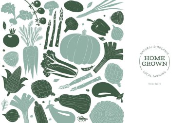 Eğlenceli el çizilmiş sebze tasarım şablonu. Yemek geçmişi. Lino