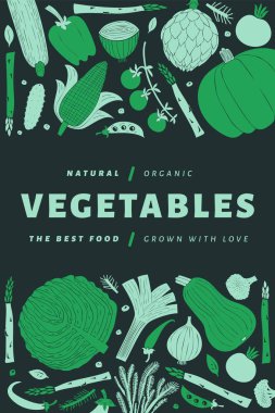 Eğlenceli el çizilmiş sebze tasarım şablonu. Yemek geçmişi. Lino