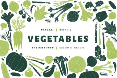 Eğlenceli el çizilmiş sebze tasarım şablonu. Yemek geçmişi. Lino