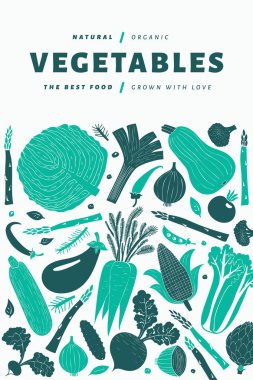 Eğlenceli el çizilmiş sebze tasarım şablonu. Yemek geçmişi. Lino