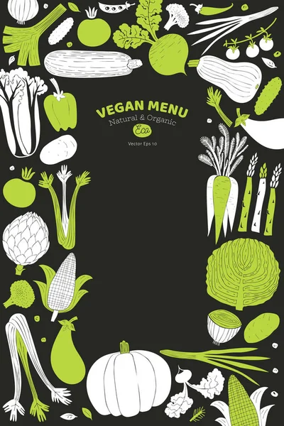 Divertida plantilla de diseño de verduras dibujadas a mano. Fondo alimenticio. Lino. — Vector de stock