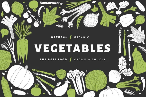 Spaß handgezeichnete Gemüse-Design-Vorlage. Lebensmittel-Hintergrund. lino — Stockvektor