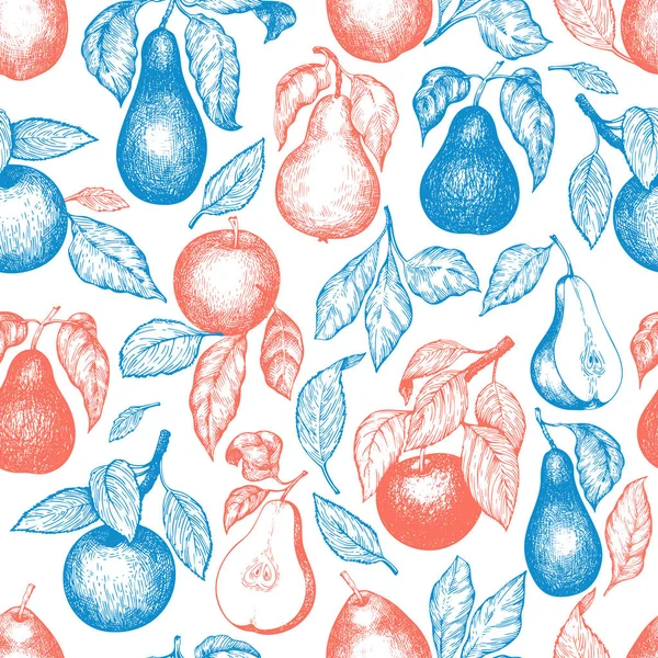 梨とりんごのシームレスなパターン。手描きベクターガーデン frui — ストックベクタ