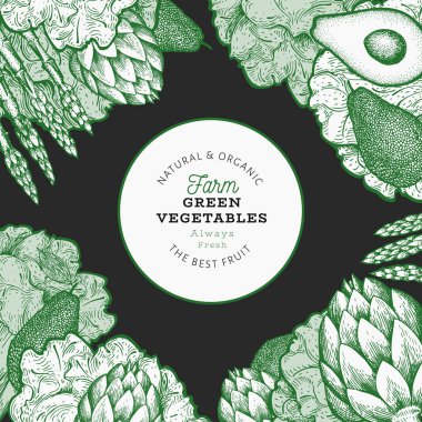 Yeşil sebze tasarım şablonu. El çizilmiş vektör gıda illustr