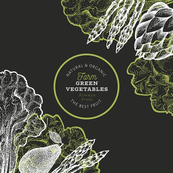 Plantilla de diseño de verduras verdes. Alimento vectorial dibujado a mano illustr — Vector de stock