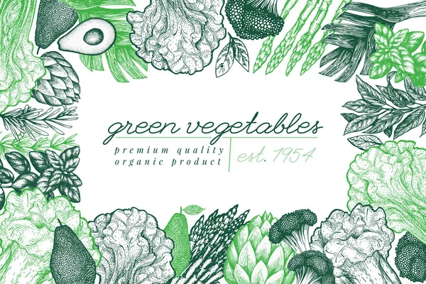 Modello di design verdure verdi. Illustre cibo vettore disegnato a mano — Vettoriale Stock