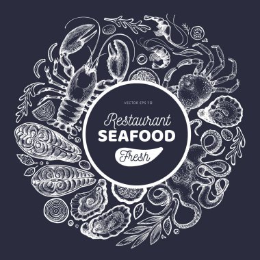 Deniz ürünleri ve balık tasarımı şablonu. El çizilmiş vektör çizim