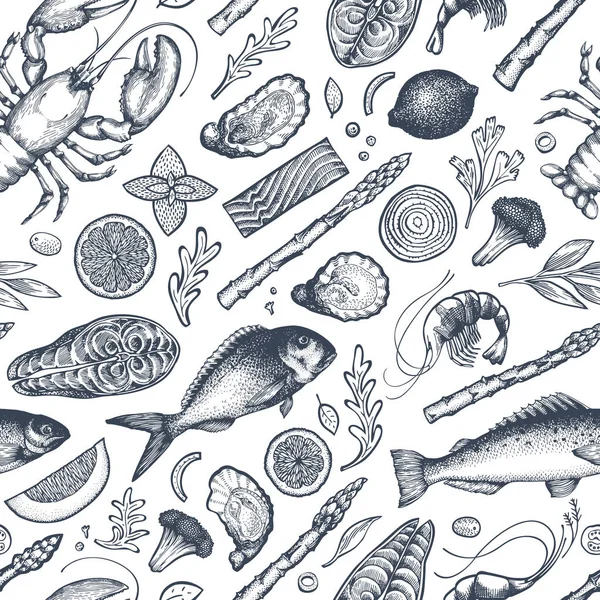 Padrão de frutos do mar e peixe sem costura. Vetor desenhado à mão illustratio —  Vetores de Stock