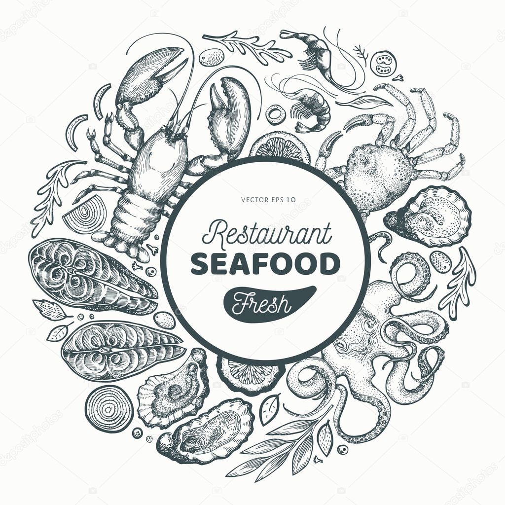 Seafood and fish design template. Hand drawn vector illustration