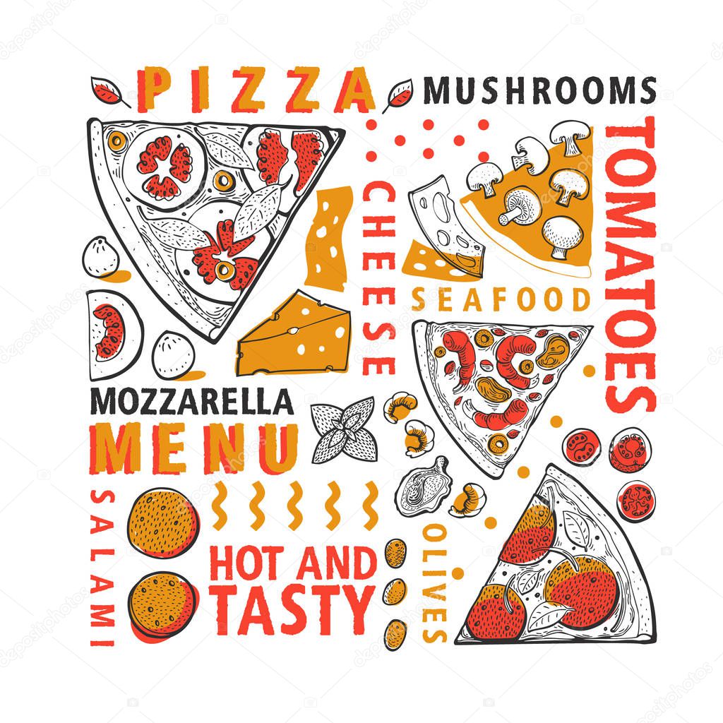 Typographic vector Italian pizza and ingredients banner. Italian