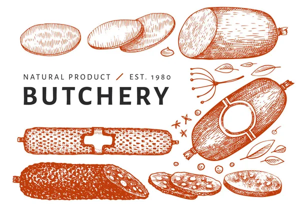 Illustrazione della carne vettoriale vintage. Salsicce trafilate a mano, spezie e — Vettoriale Stock