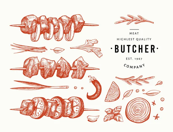 Ilustración de carne de vector vintage. Brochetas, especias y hierbas elaboradas a mano. Set de barbacoa. Esbozo retro. Puede ser utilizado para la etiqueta, menú del restaurante . — Vector de stock