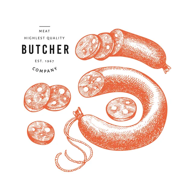 Vintage vektor kött illustration. Handritade korvar, korv skivor, kryddor och örter. Livsmedelsingredienser. Retro skiss. Kan användas för etikett, restaurangmeny. — Stock vektor