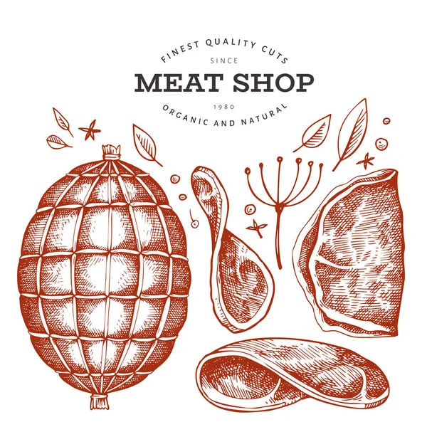 Vintage vektor kött illustration. Handritad skinka, skinka skivor, kryddor och örter. Råa livsmedelsingredienser. Retro skiss. Kan användas för etikett, restaurangmeny. — Stock vektor