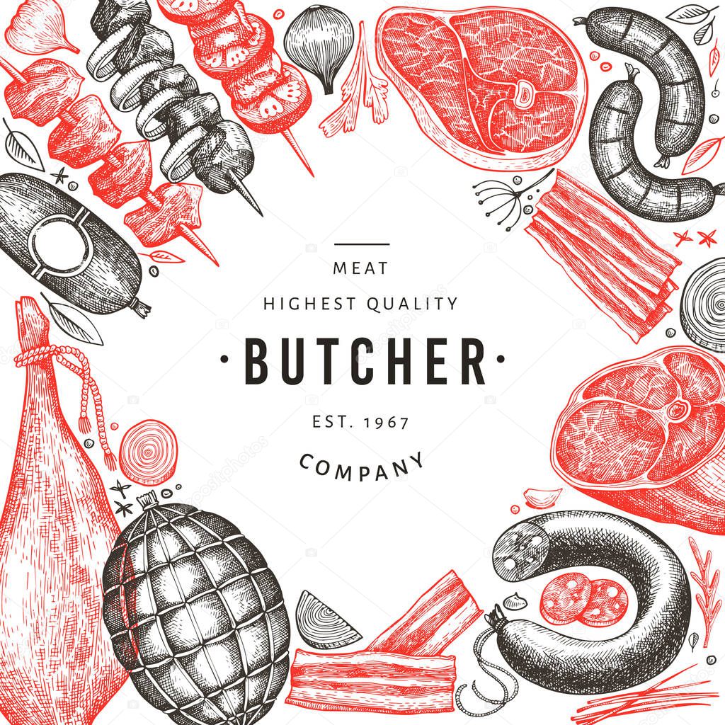 Retro vector meat products design template. Hand drawn ham, sausages, jamon, spices and herbs. Raw food ingredients. Vintage illustration. Can be use for label, restaurant menu.