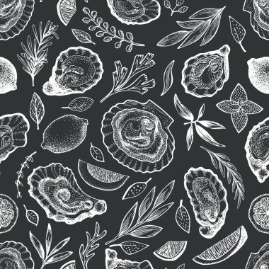 İstiridye ve baharatlar Dikişsiz desen. El çizilmiş vektör ıllustrat