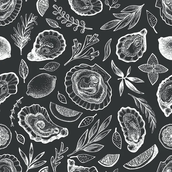 İstiridye ve baharatlar Dikişsiz desen. El çizilmiş vektör ıllustrat