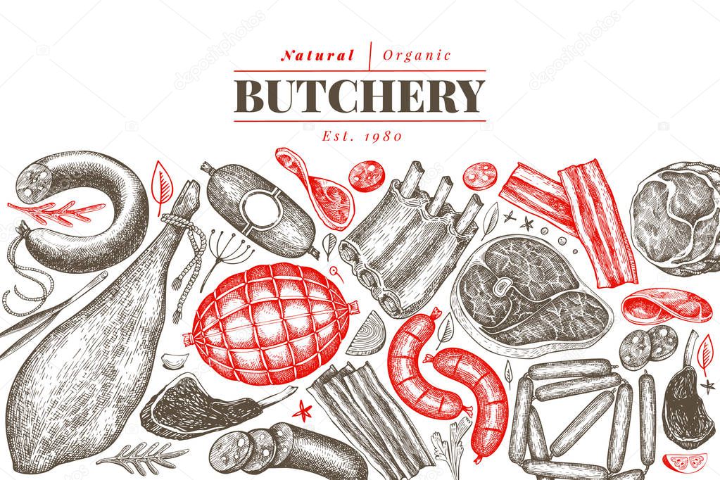 Retro vector meat products design template. Hand drawn ham, sausages, jamon, spices and herbs. Raw food ingredients. Vintage illustration. Can be use for label, restaurant menu.