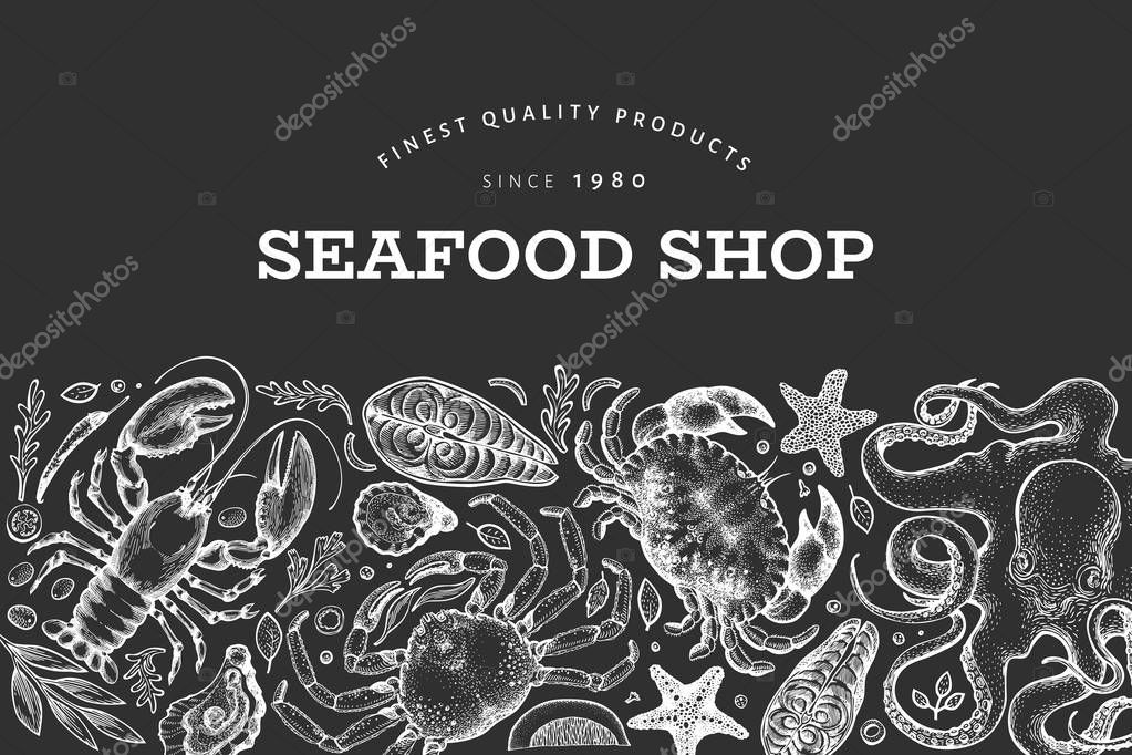 Seafood and fish design template. Hand drawn vector illustration. Can be used for design menu, packaging, recipes, label, fish market, seafood products.