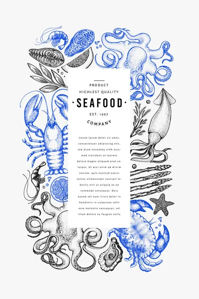 Plantilla de diseño de mariscos y peces. Ilustración vectorial dibujada a mano — Vector de stock