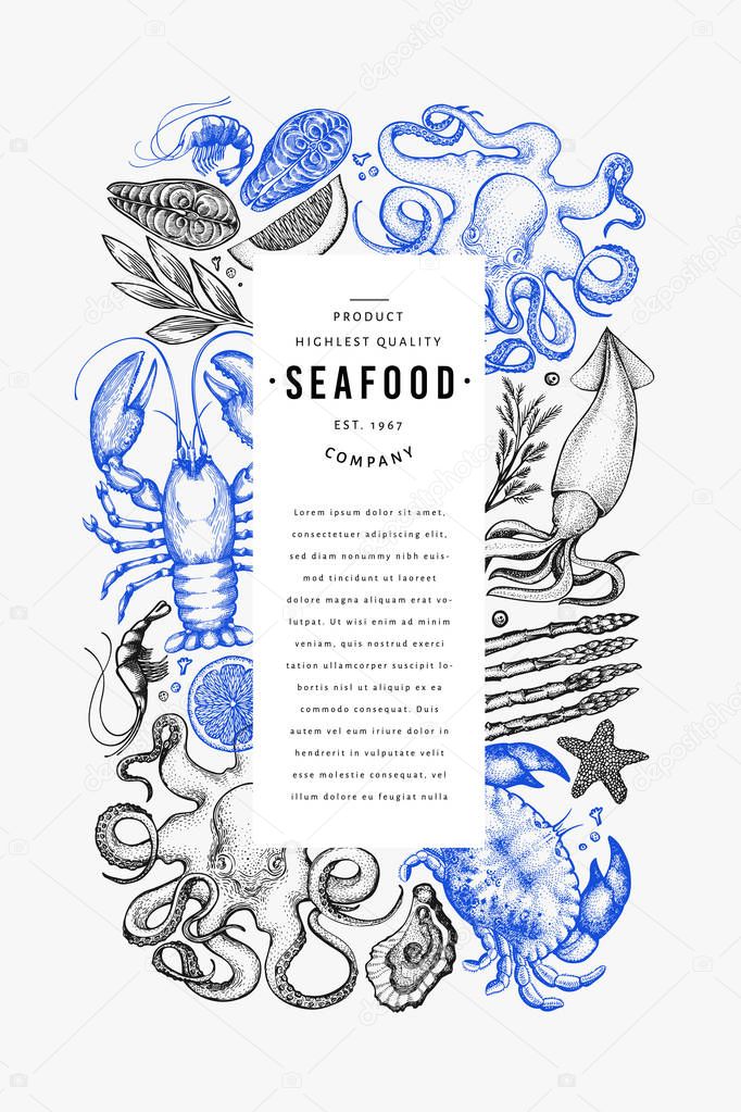 Seafood and fish design template. Hand drawn vector illustration