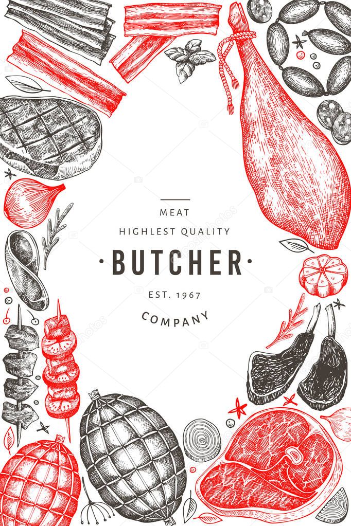 Retro vector meat products design template. Hand drawn ham, sausages, jamon, spices and herbs. Raw food ingredients. Vintage illustration. Can be use for label, restaurant menu.