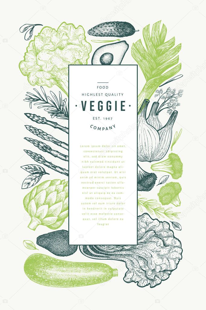 Green vegetables design template. Hand drawn vector food illustr