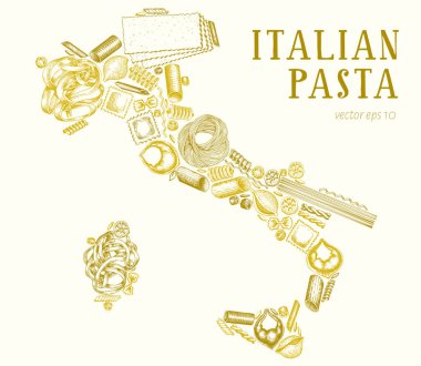 Italya şeklinde makarna. El çizilmiş vektör gıda illüstrasyon