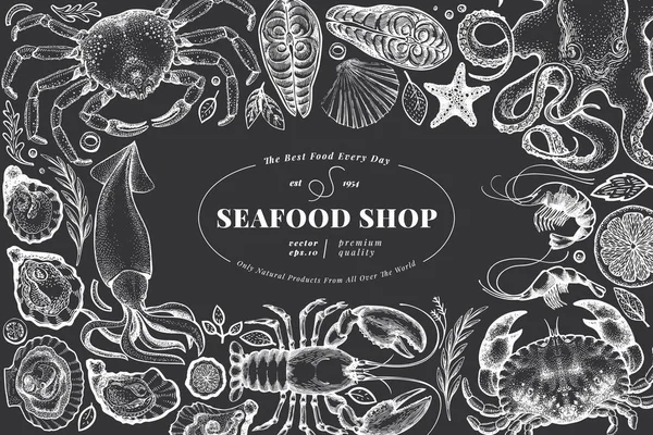 Seafood shop hand drawn vector banner template. Retro style illu — Stock Vector