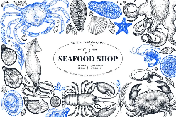Modèle de bannière vectorielle dessinée à la main de magasin de fruits de mer. Style rétro — Image vectorielle