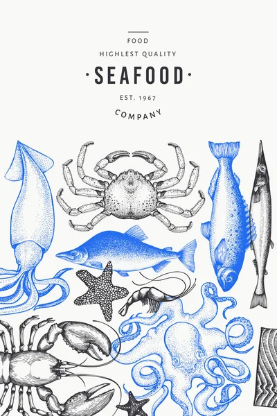 Шаблон дизайну морепродуктів і риб. Рука намальована Векторні ілюстрації — стоковий вектор