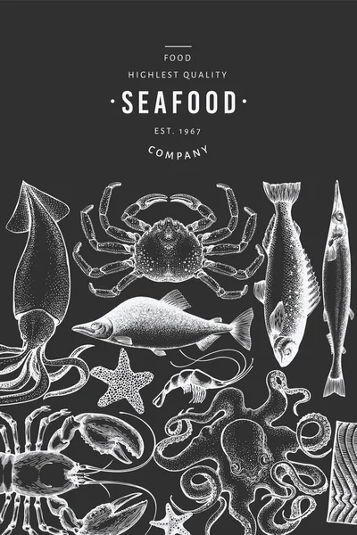 Frutti di mare e pesce modello di design. Illustrazione del vettore disegnato a mano — Vettoriale Stock