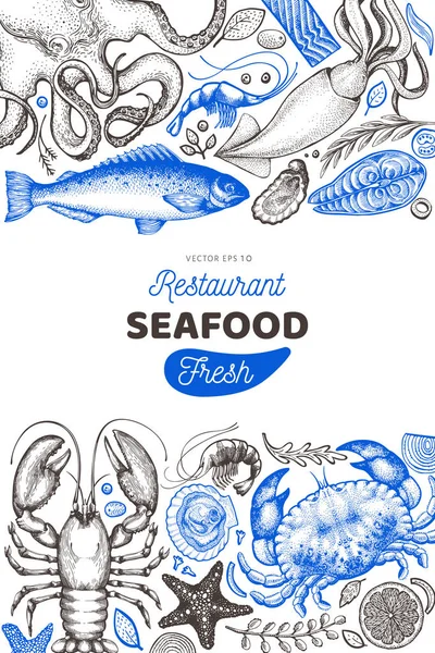 Seafood loja desenhado à mão modelo de banner vetorial. Estilo retrô —  Vetores de Stock